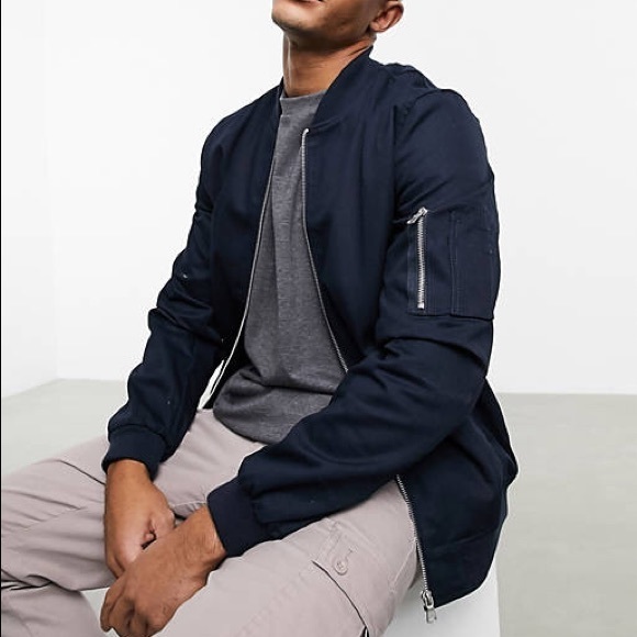 Navy Bomber Jacket with Baseball Collar - Picture 3 of 11